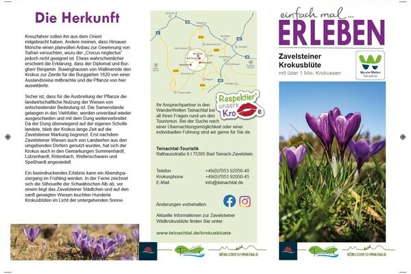 Der Flyer des Zavelsteiner Krokusweges Bildnachweis: Mit freundlicher Genehmigung von Teinachtal-Touristik Der Flyer des Zavelsteiner Krokusweges Bildnachweis: Mit freundlicher Genehmigung von Teinachtal-Touristik